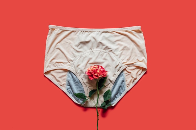 Reusable period underwear with rose flower on red background absorbent and affordable period panties