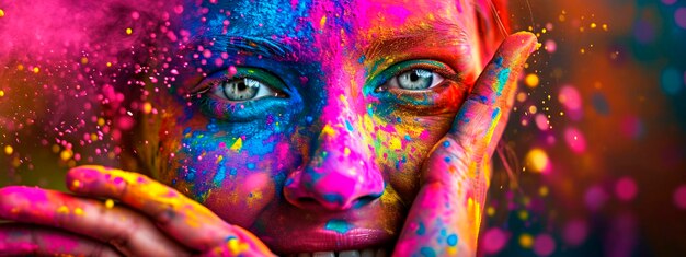 Revelers enjoy the Holi festival hands raised amid clouds of bright multicolored powder