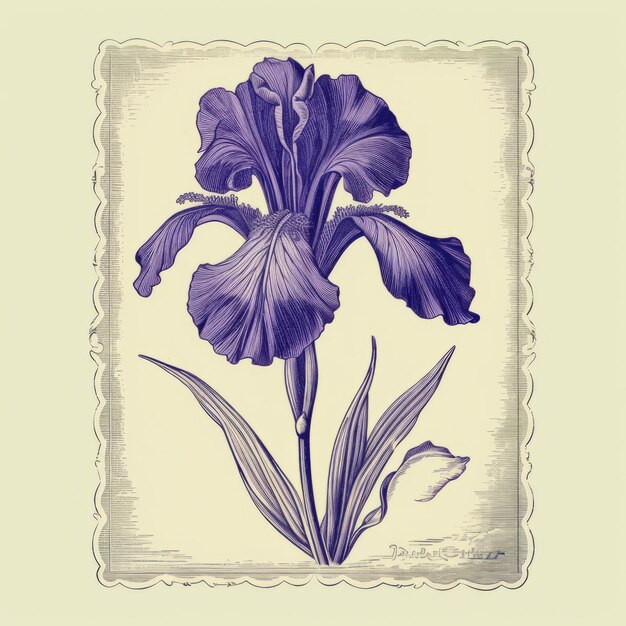 Photo revived victorian engravings handillustrated purple iris flower art