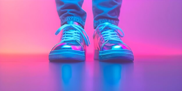 Photo reviving 80s fashion with acid wash neon tees metallic sneakers futuristic flair concept 80s fashion acid wash neon tees metallic sneakers futuristic flair