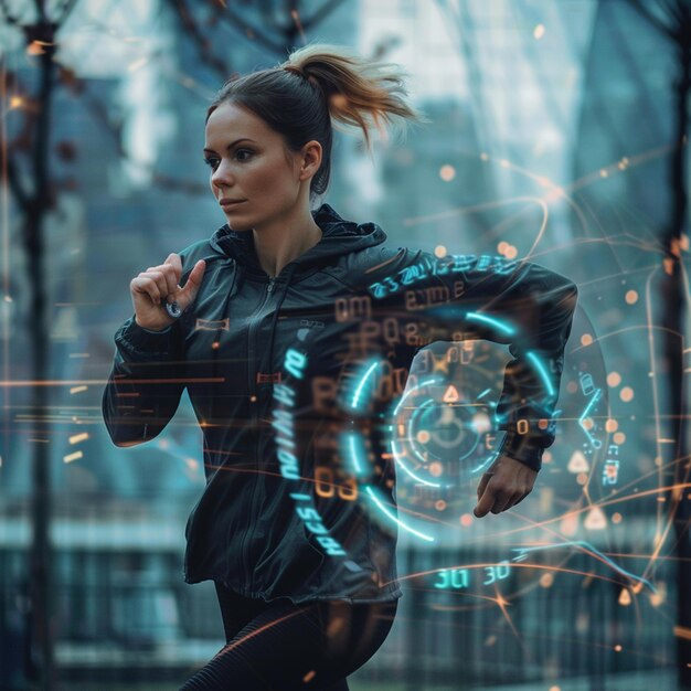 Photo revolutionize your workout young woman running with cuttingedge fitness tracker