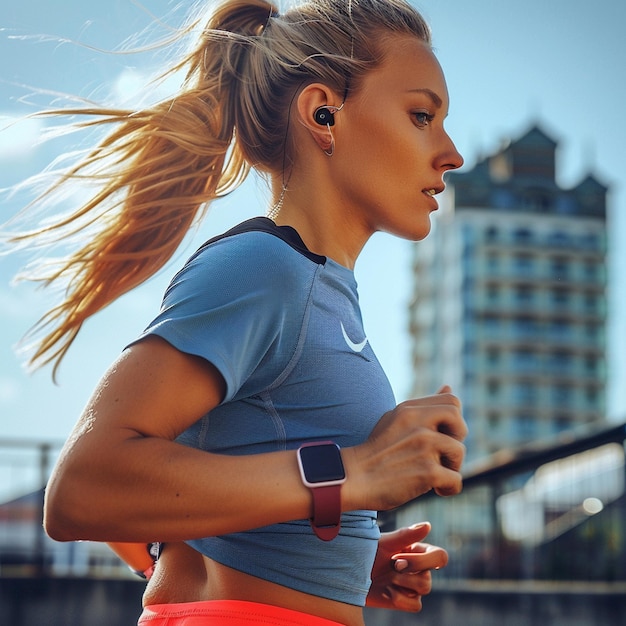 Photo revolutionize your workout young woman running with cuttingedge fitness tracker