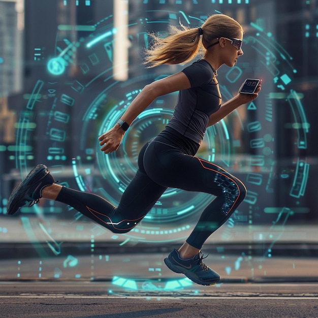 Photo revolutionize your workout young woman running with cuttingedge fitness tracker