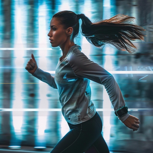 Photo revolutionize your workout young woman running with cuttingedge fitness tracker