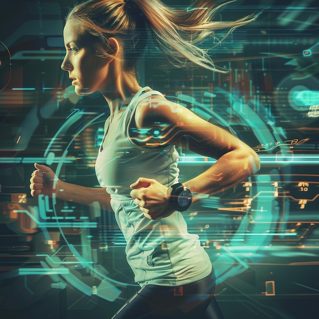 Revolutionize Your Workout Young Woman Running with CuttingEdge Fitness Tracker