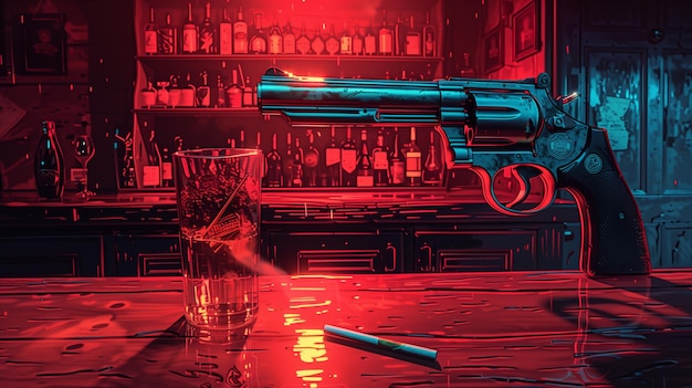 Revolver gun resting on a bar counter with two glasses of water and cigarettes