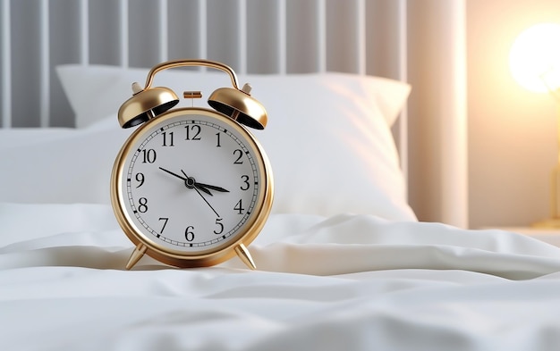 Rewrite this title 3d realistic alarm clock on white soft pillow Generative AI