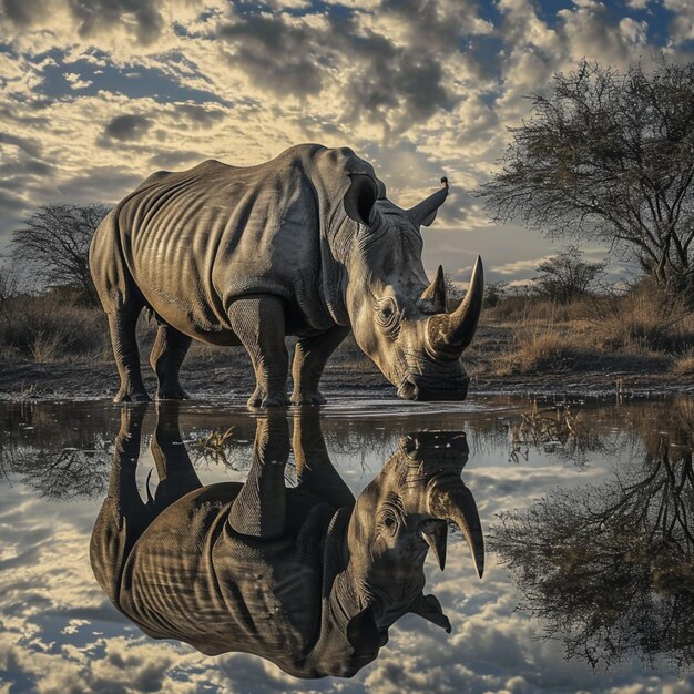 Photo a rhino drinking from a pond with a rhino in the background