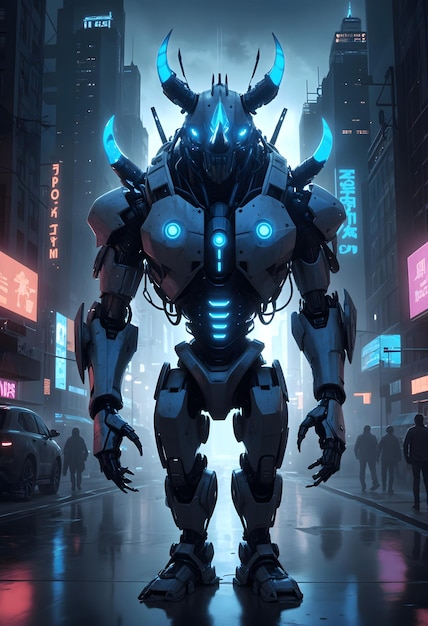 A rhino inspired robot with a neon lit robotic grey and cyan armor in a neon cyberpunk city