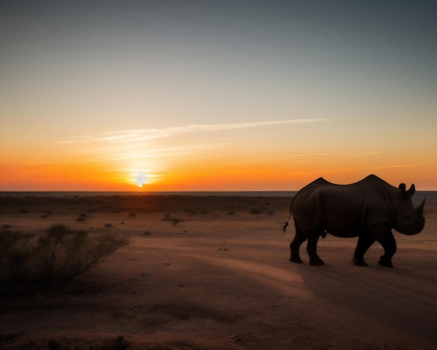 A rhino is walking in the desert at sunset.