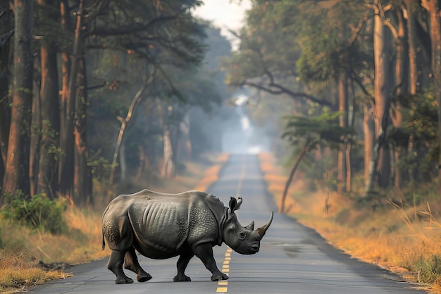 a rhino is walking down a road in the forest