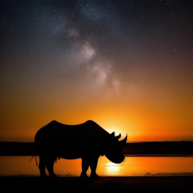 A rhino stands in front of a sunset with a galaxy in the background.