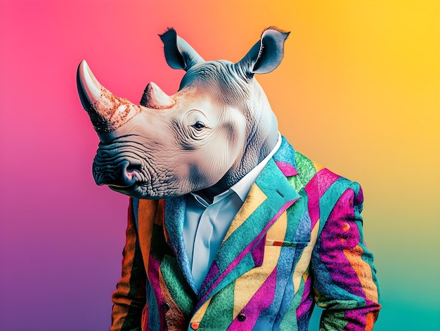 a rhino wearing a colorful suit with a colorful pattern on it