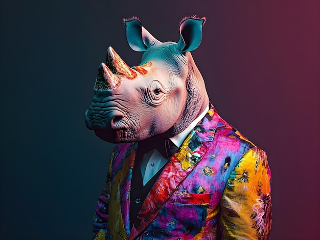 a rhino wearing a colorful suit with a colorful shirt on it