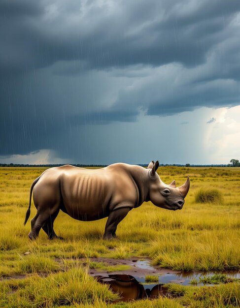 Photo a rhino with a black and white body is standing in a field with a storm in the background