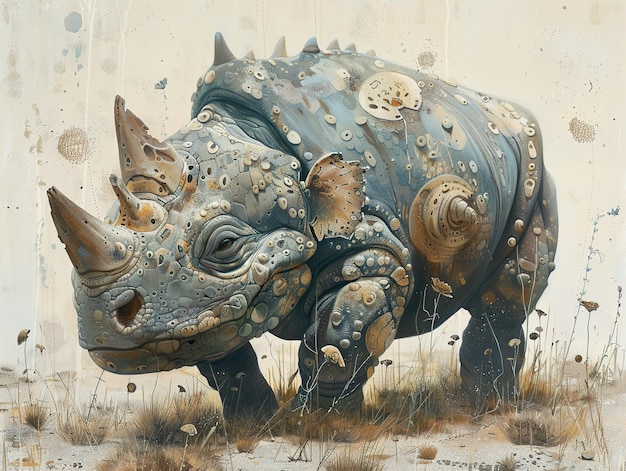 a rhino with a blue and white body is shown with a picture of a rhino