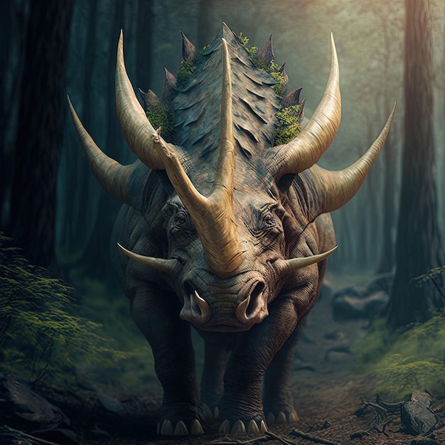 a rhino with a dragon head and horns on its face