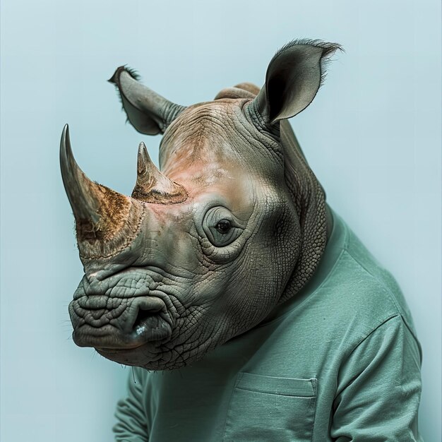 Photo a rhino with a rhino mask on his head is standing in front of a blue background