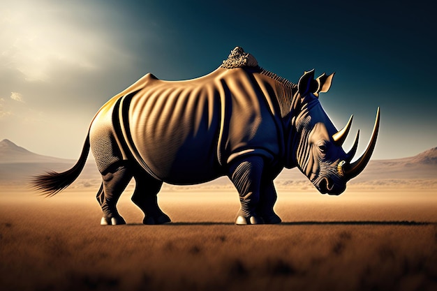 A rhinoceros in a desert with a blue sky behind it.