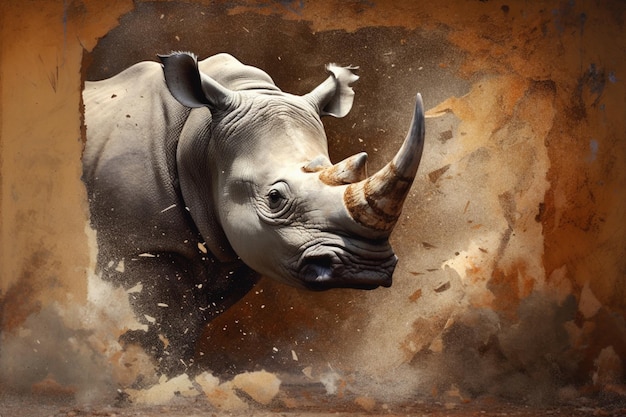 A rhinoceros is running in a dust storm.