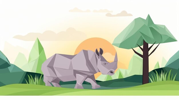 Rhinoceros paper craft flat design front view grassland theme animation vivid