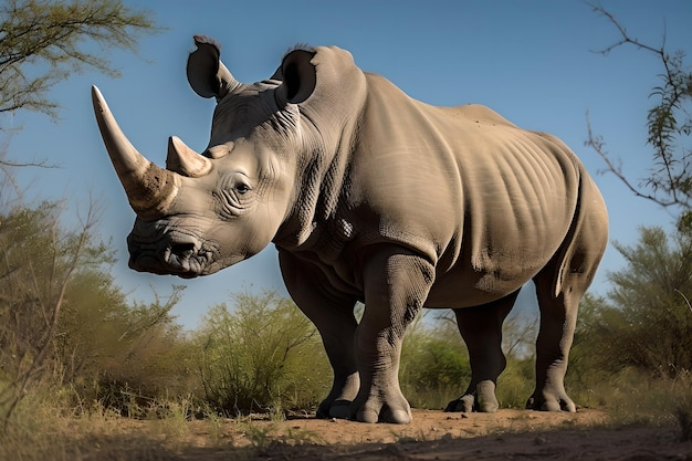 A rhinoceros stands in a field with trees in the background.