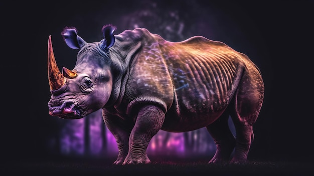 rhinoceros with beautiful colors and light on a dark