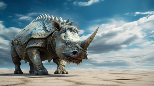 a rhinoceros with a blue sky and clouds in the background