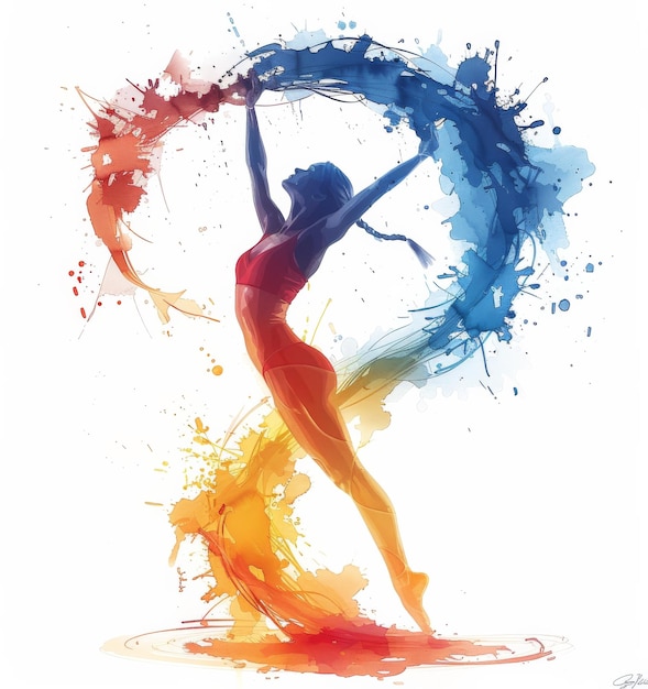 Photo rhythmic gymnast in motion colorful watercolor splash abstract art