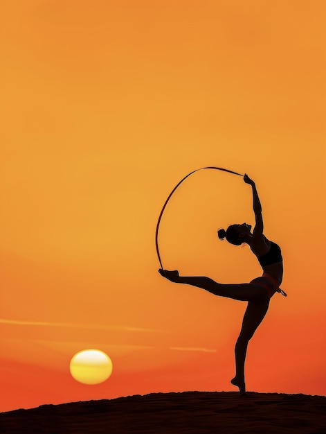 Photo rhythmic gymnast performing with ribbon at sunset