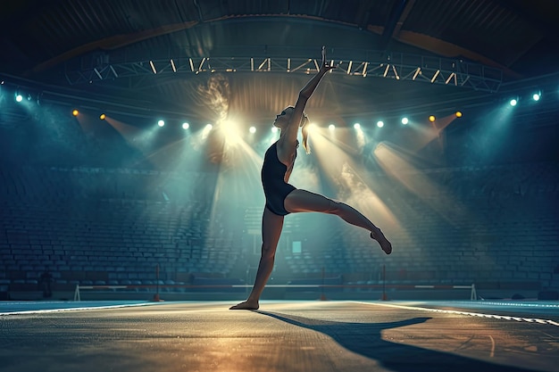 Rhythmic Gymnast Posing on Mat in Brightly Lit Arena