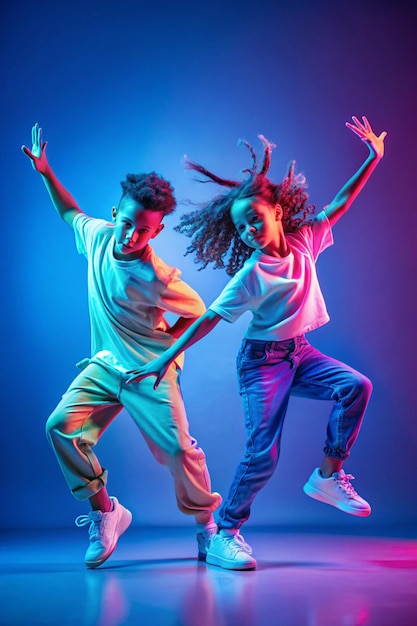 Photo rhytmic collage of talented young boy and girl dancing hiphop isolated over blue background in neon lights youth culture concept of lifestyle motion action rhytm youth