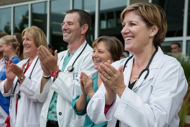 Photo ribbon cutting ceremony at hospital entrance doctors and nurses clapping healthcare workers celebrat