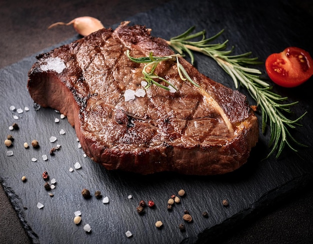 Photo ribeye steak on a blackboard