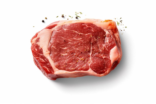 Ribeye steak top view Raw meat with spices isolated on white background generative ai