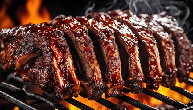 Ribs are being cooked on grill and are covered in barbecue sauce