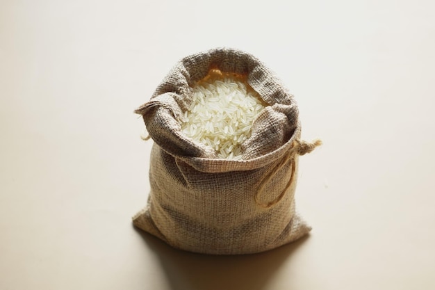 Rice in a bag on table cloth top view