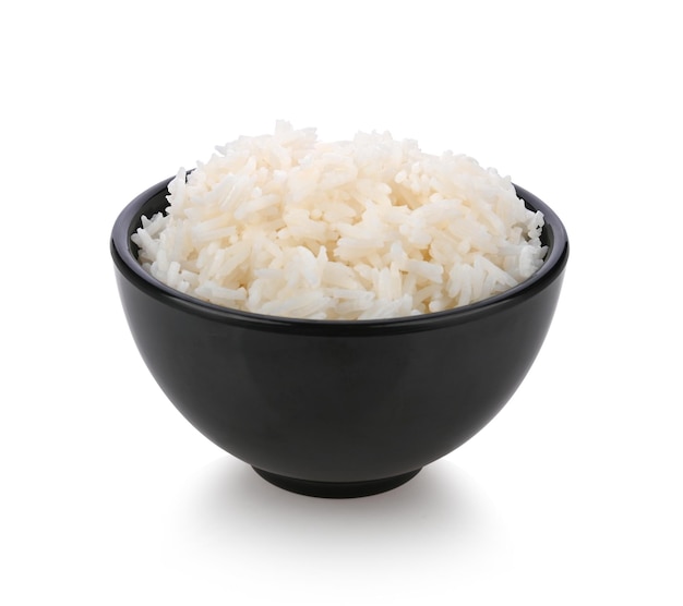 Rice in black bowl isolated on white background