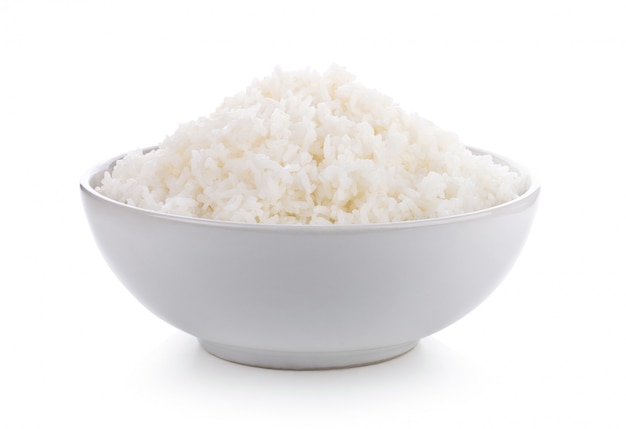 Rice in a bowl on a white table. 