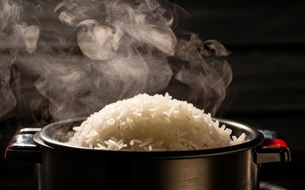 rice cooking in electric rice cooker with steam on dark background Soft Focus