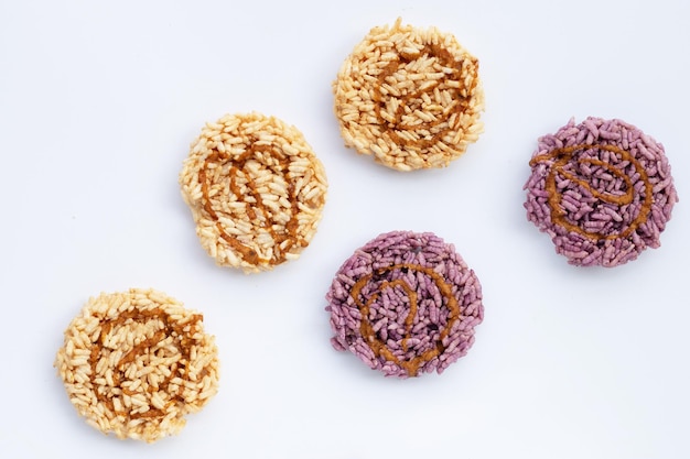 Rice cracker with coconut palm sugar on white