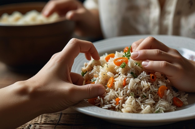 Photo rice dish and hands