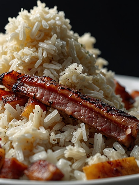 Photo rice dish with pieces of shank and bacon