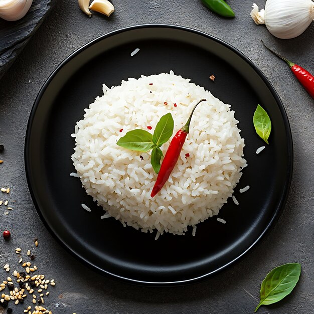 Photo a rice dish with a red pepper on it and a black plate with a green leaf