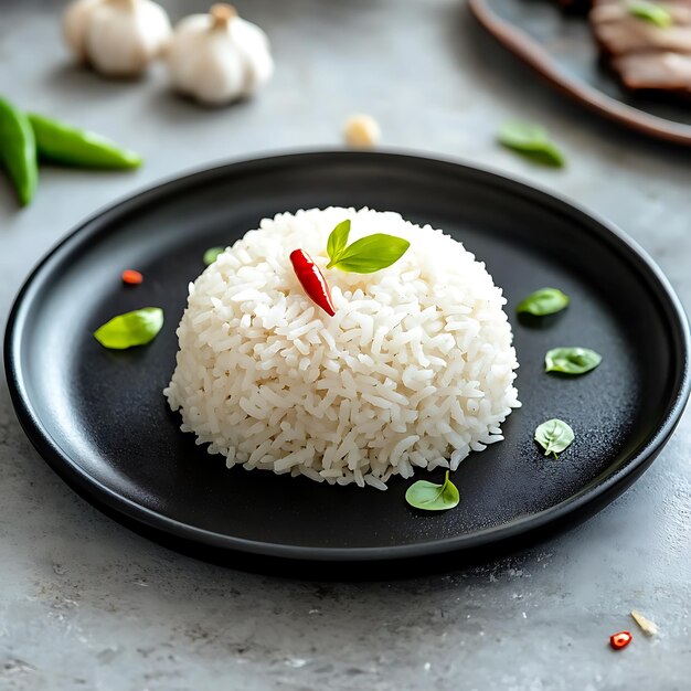 Photo a rice dish with a red pepper on it sits on a black plate