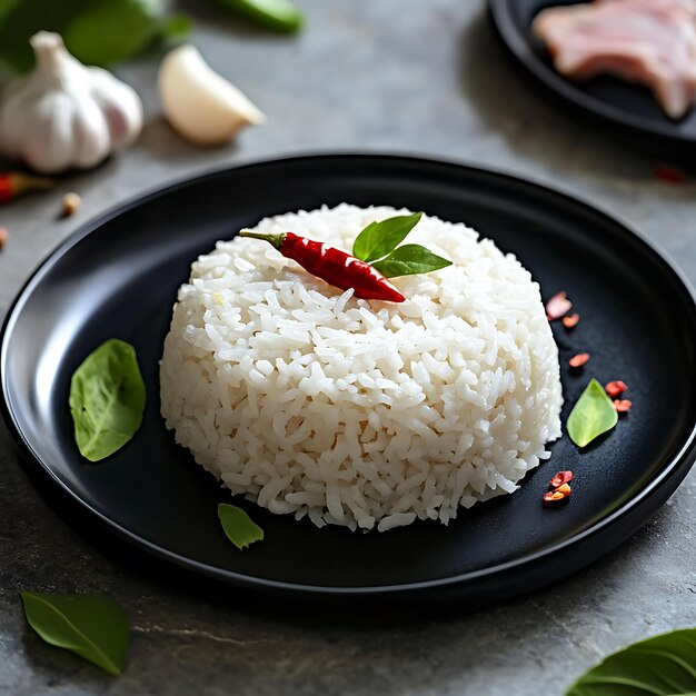 Photo a rice dish with a red pepper on it sits on a black plate