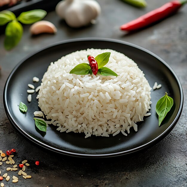 Photo a rice dish with a red pepper on it sits on a black plate