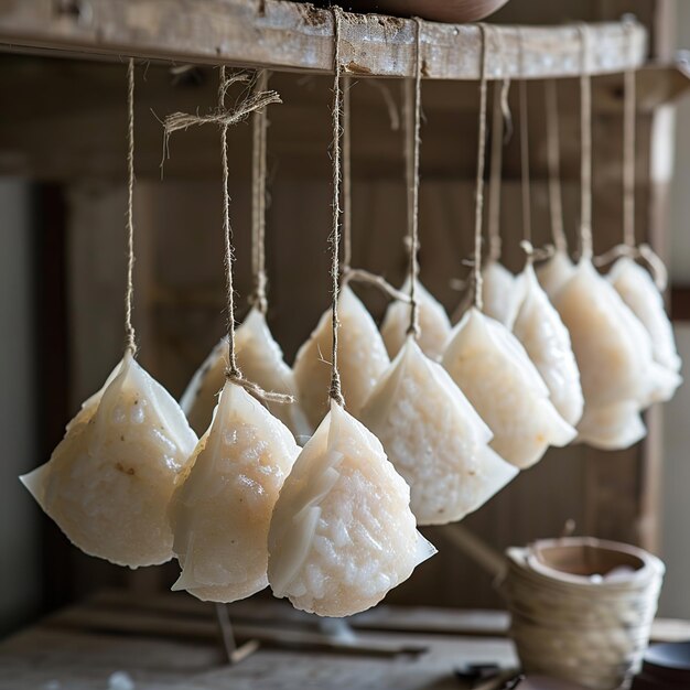 Photo rice dumplings hanging from string ready to be cooked for a festive family