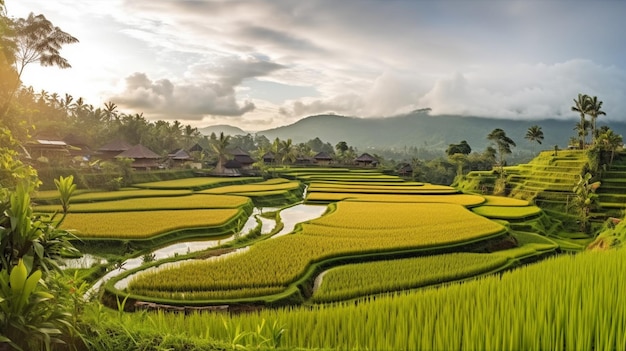 A rice field in the mountains with a mountain in the background