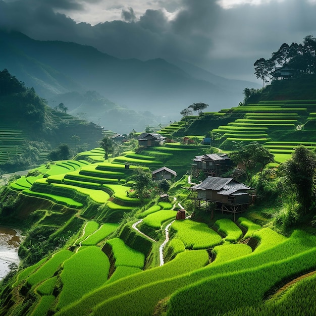 rice field terraces asian paddy with farm houses